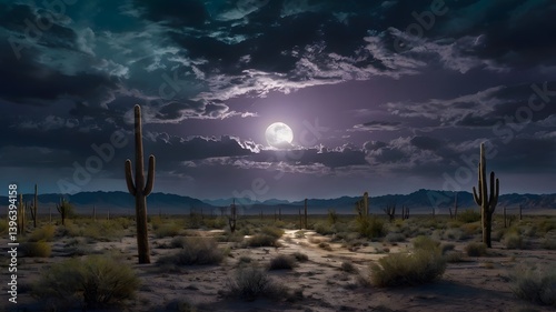 Desert Night  Full Moon over Saguaro Cacti Landscape