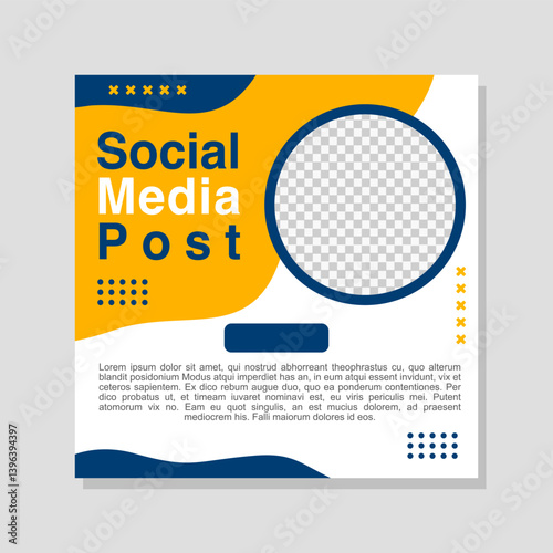 Business promotion social media post template with blue and yellow accents.