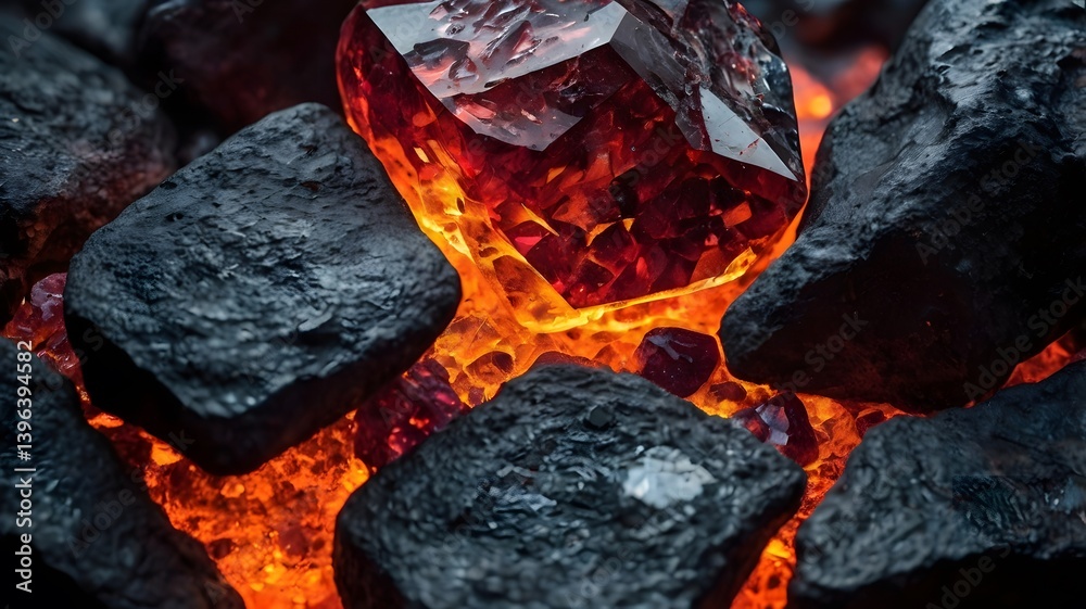 Glowing Gemstone in Embers Red Crystal Coal Fire Hot Rocks