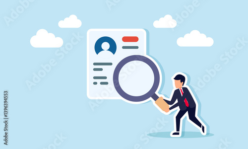 A businessman holding a magnifying glass observing a CV or curriculum vitae, illustration of reviewing or analyzing the capacity of a searched employee candidate