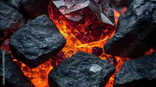 Obraz na płótnie Glowing Gemstone in Embers Red Crystal Coal Fire Hot Rocks w salonie