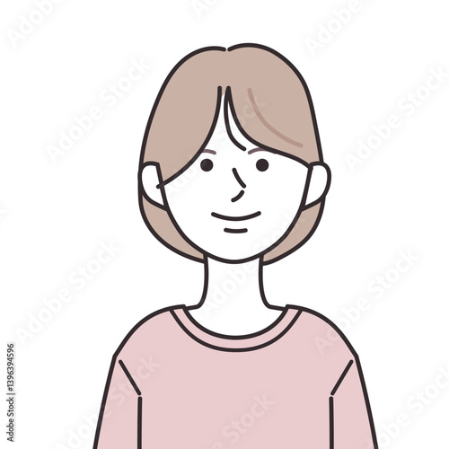 Tシャツを着た横分けボブヘアの女性