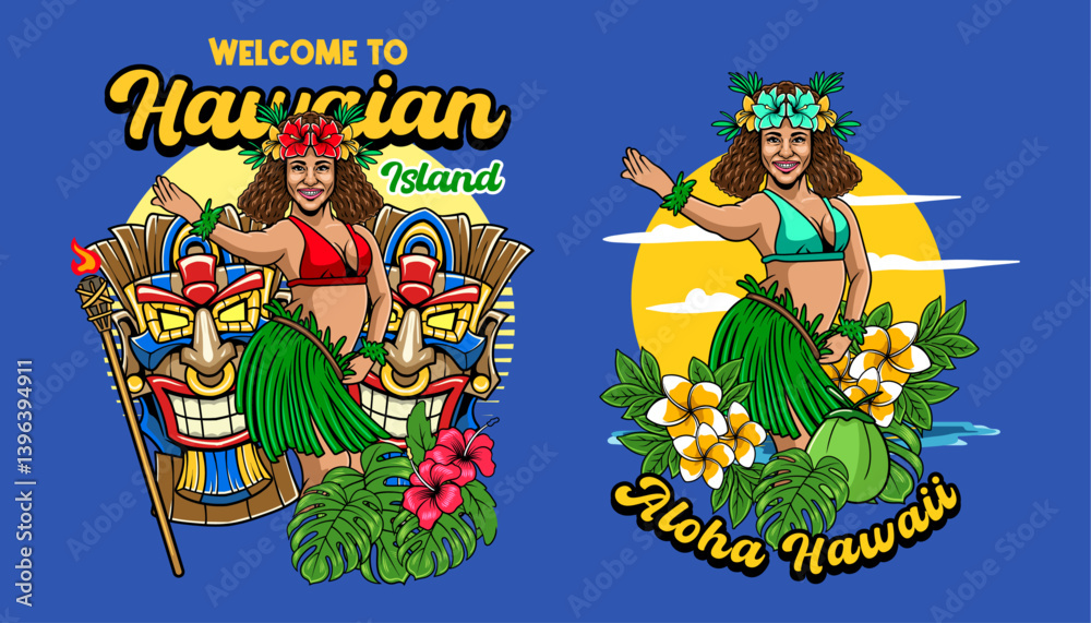 Obraz premium Colorful Hawaiian illustration featuring hula dancers, tiki masks, tropical flowers, and beach sunset vibes. Great for summer, island culture vector illustration