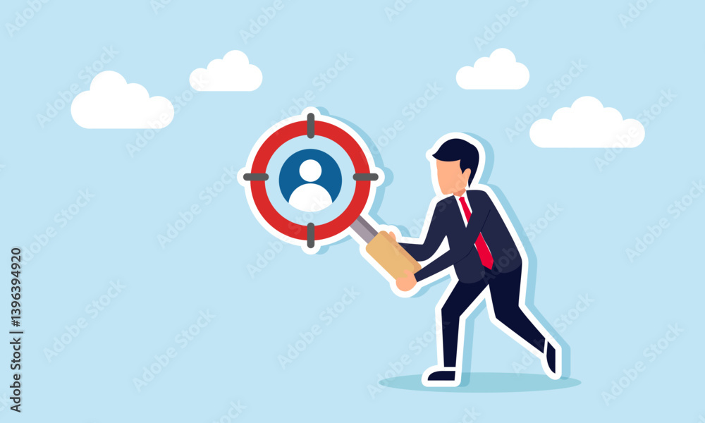 A businessman holding a magnifying glass shaped like a focus target while observing someone's profile, illustration of finding the right and suitable job candidate A businessman holding a magnifying glass shaped like a focus target while observing someone's profile, illustration of finding the right and suitable job candidate