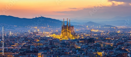 Majestic Panorama of Barcelona at Dusk with Sagrada Familia in Golden Light