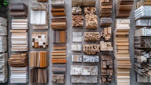 Aerial view of a massive storage area for various types of raw building materials.