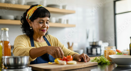 Hispanic mature female preparing healthy meal in modern kitchen