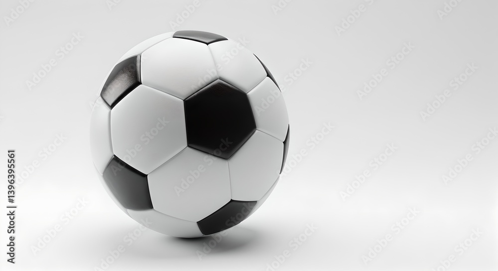 Obraz premium Realistic 3D soccer ball with classic pattern, soft shadows, and smooth texture on white background.
