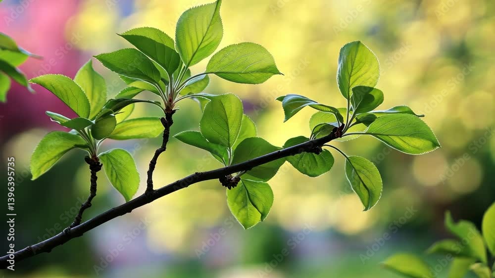 Fresh green leaves on a branch captured during a sunny afternoon in springtime garden atmosphere Fresh green leaves on a branch captured during a sunny afternoon in springtime garden atmosphere
