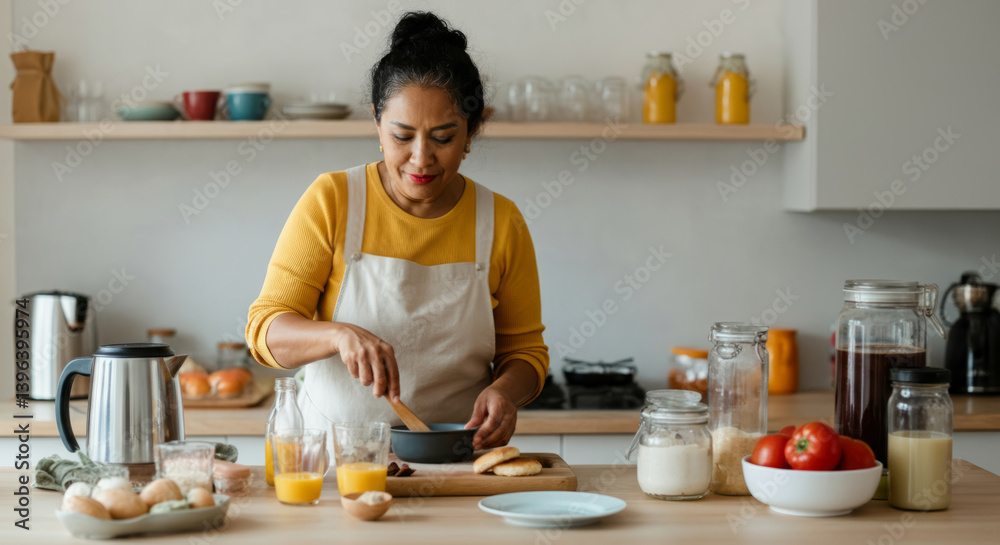 Asian female preparing breakfast in modern kitchen Asian female preparing breakfast in modern kitchen