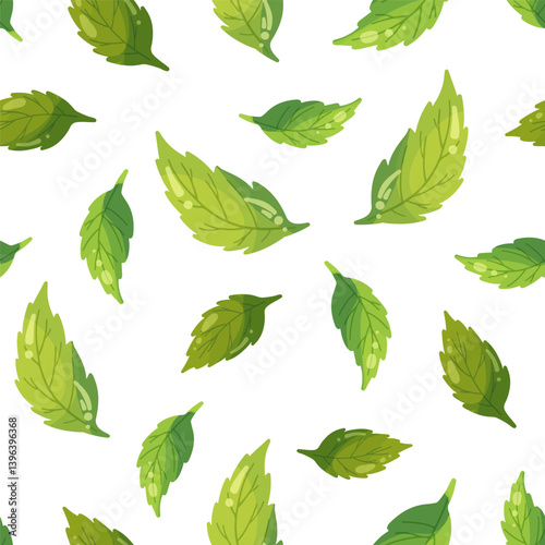 Mint leaves seamless pattern isolated on white background, tea leaf cartoon illustration for eco package, spring summer fabric fresh print, balm pharmacy health, beautiful green colors and shiny glare
