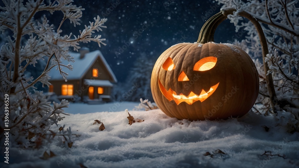 Illuminated Jack o lantern in Snowy Winter Night Scene