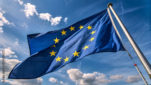 European Union flag flying against blue sky and sun, close-up, hyper-realism. AI, Illustration, Generation.