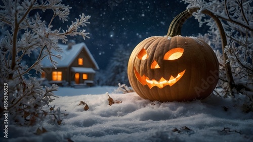 Illuminated Jack o  lantern in Snowy Winter Night Scene