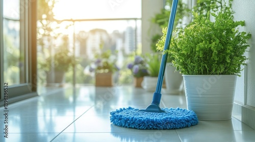 Wallpaper Mural A blue mop resting on a freshly cleaned tile floor in a home with a cozy balcony garden. Torontodigital.ca