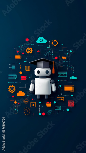 Wallpaper Mural A playful robot wearing a graduation cap is surrounded by colorful icons representing technology and education elements on a dark background. Torontodigital.ca