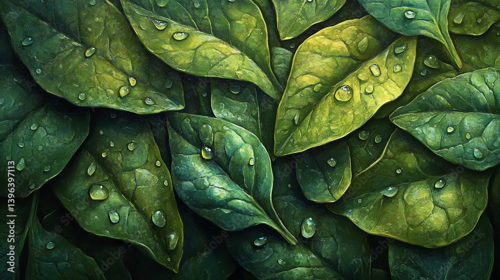 Fototapeta premium Fresh Green Spinach Leaves with Water Droplets Close Up View