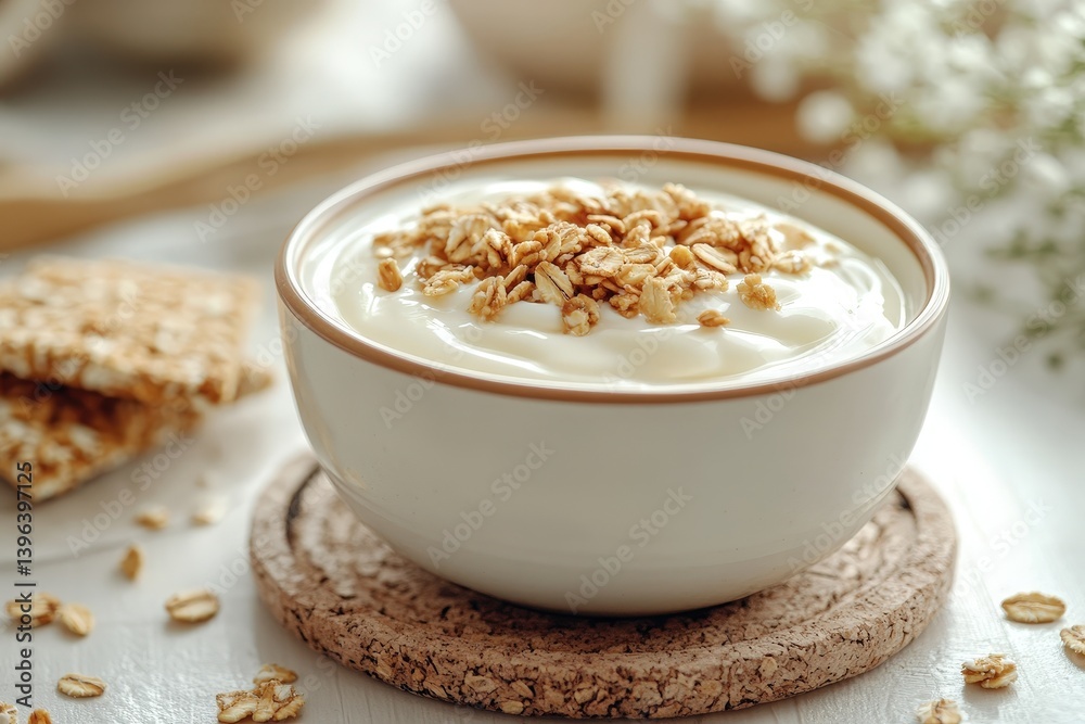 A bowl of creamy yogurt topped with crunchy granola. A bowl of creamy yogurt topped with crunchy granola.