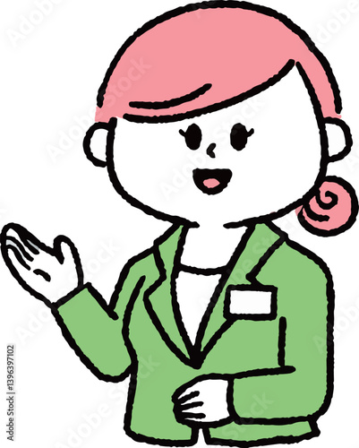 紹介しているスーツの女性