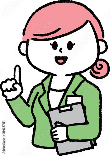 ファイルを持って指差しをしているスーツの女性