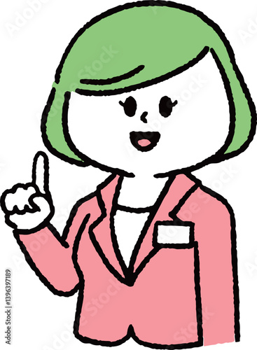 指差しをしているスーツの女性