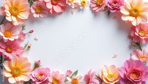 beautiful pink and orange flowers border frame with white background for marketing campaign imagery, website hero banner visual, corporate branding illustration, business presentation background