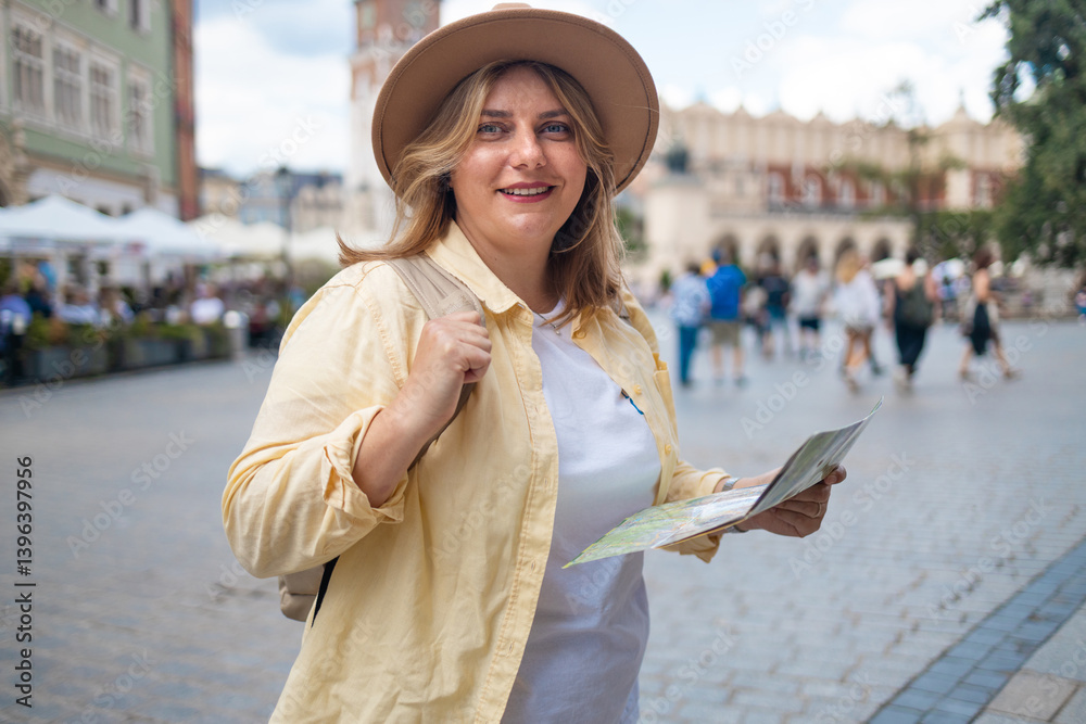 Young woman, dressed in a yellow jacket and a hat, stands in a busy city square with a map in her hands. She appears to be enjoying her sightseeing experience, with a smile on her face as she