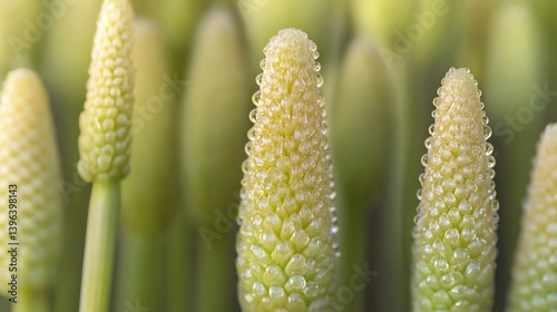 Close Up of Plant Spadix Showing Water Droplets and Green Stems