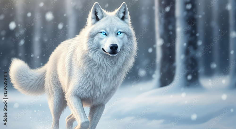 Obraz premium Majestic white wolf in snowy forest with piercing blue eyes