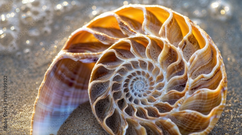 Golden Spiral Nautilus Shell on Wet Sand Close-Up