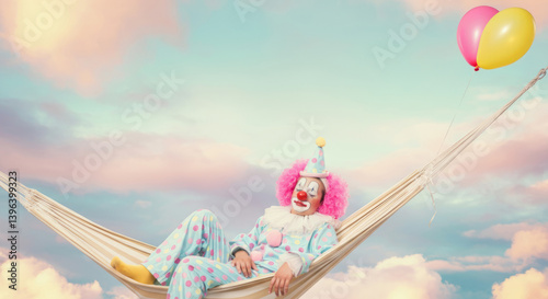 Colorful clown relaxing in hammock with balloons against cloudy sky