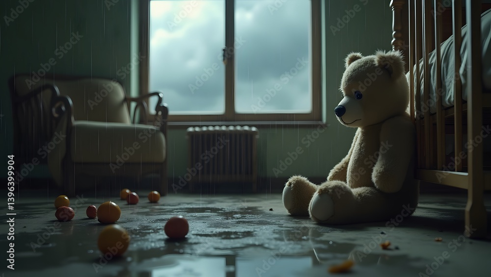 Rainy Day Loneliness Teddy Bear in Empty Room
