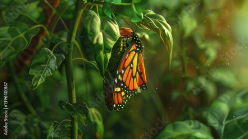 Obraz na płótnie Butterfly Perched on Leaf with Sunlit Background w salonie