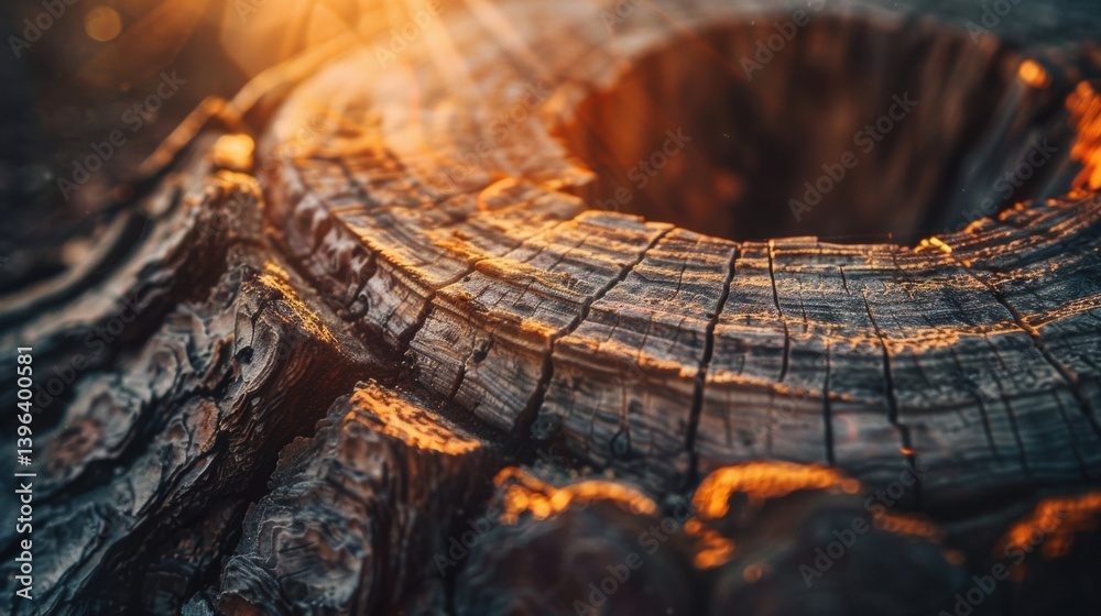 Sunlit Tree Stump Showing Textured Growth Rings