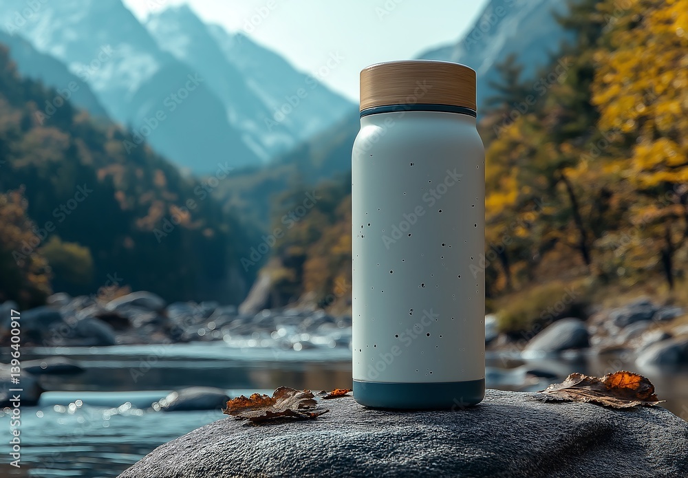 mockup thermal bottle on a stone in the mountains against the background of a mountain river mockup thermal bottle on a stone in the mountains against the background of a mountain river