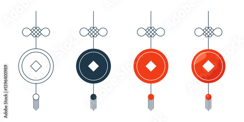 Set of Chinese feng shui lucky red coins with knots. Symbols of wealth, fortune and prosperity. Traditional Asian decoration for New Year, celebration or harmony themed design. Linear and flat vector