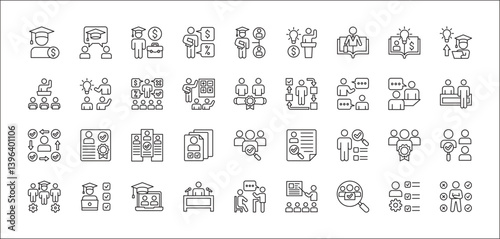 Business employee coaching icons. Business education icon set. Contains symbol of management, training, mentoring, expert, qualification, qualified worker, learning, selection. Vector illustration