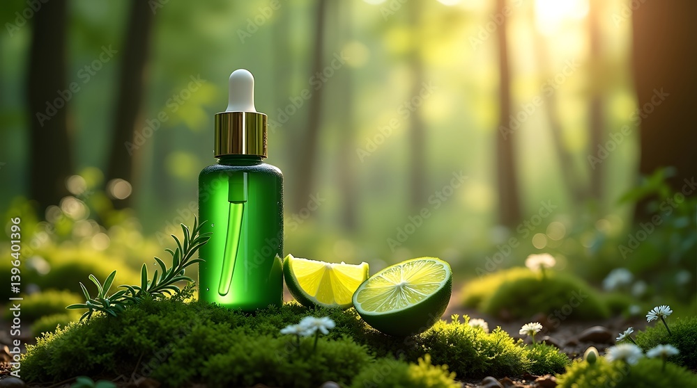 Green Bottle Essential Oil with Lime and Moss in Forest
