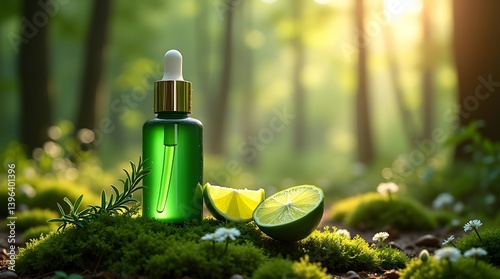 Obraz na płótnie Green Bottle Essential Oil with Lime and Moss in Forest w salonie