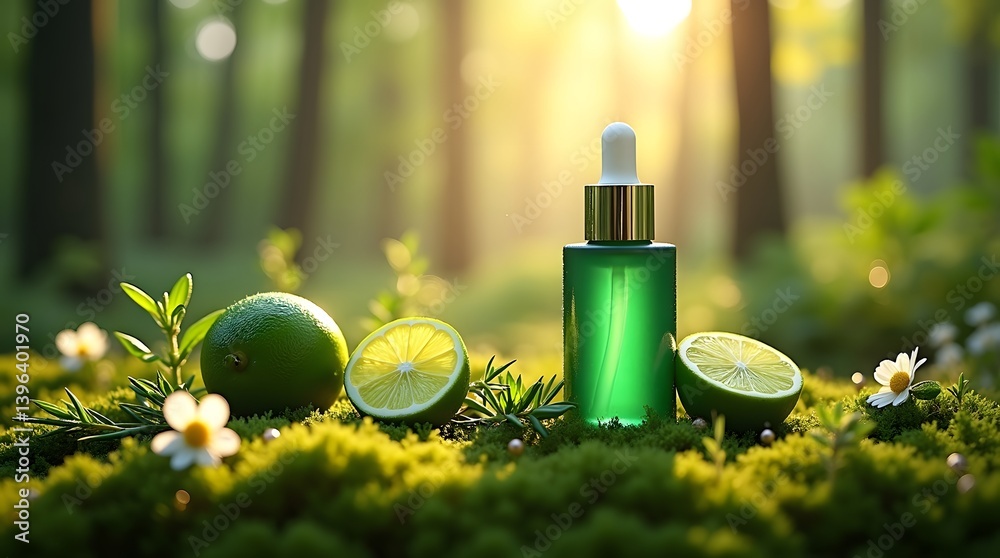 Green Serum Bottle with Limes in Forest