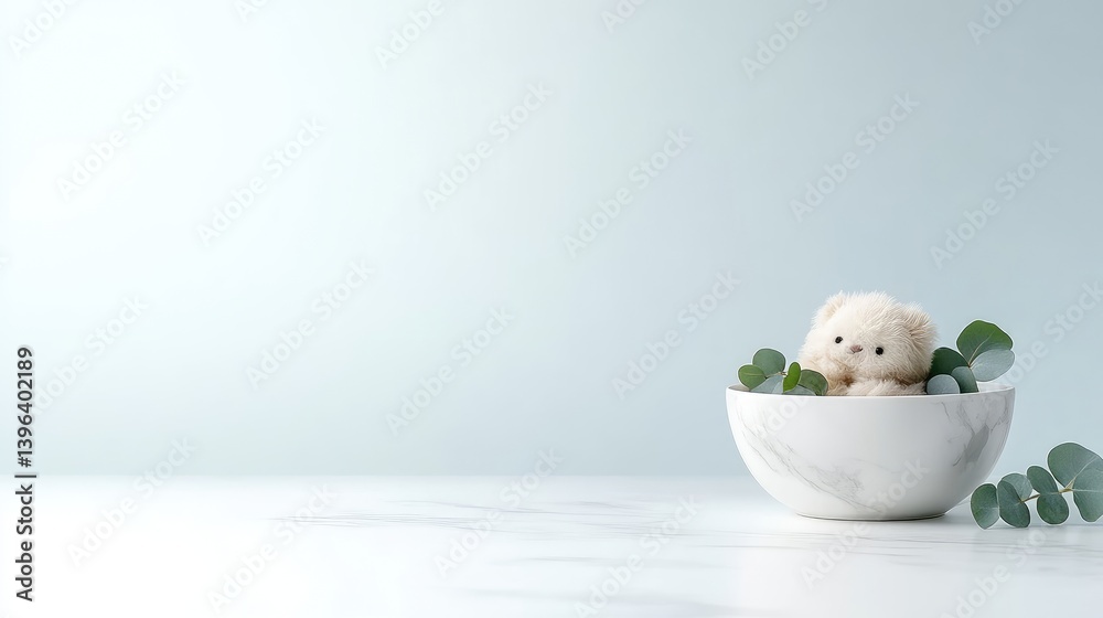 Soft teddy bear nestled in a bowl, surrounded by eucalyptus sprigs. Pastel colors create a calming, serene atmosphere Soft teddy bear nestled in a bowl, surrounded by eucalyptus sprigs. Pastel colors create a calming, serene atmosphere