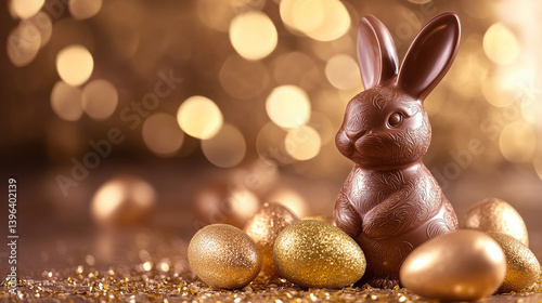 Coelho da páscoa de chocolate polvilhado com ouro comestível em fundo bokeh 