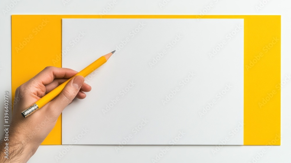 Hand Holding Pencil Above Blank White Paper on Yellow Background Hand Holding Pencil Above Blank White Paper on Yellow Background