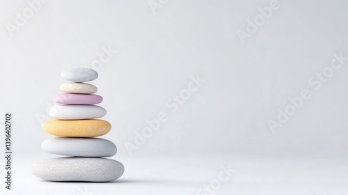 A stack of smooth pebbles balanced in a minimalist arrangement, soft pastel colors on a clean white background, and serene and calming composition.