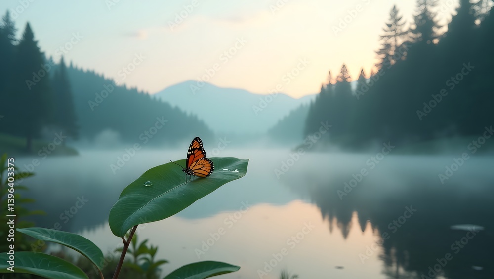 Serene Butterfly on Leaf at Misty Lake Sunrise