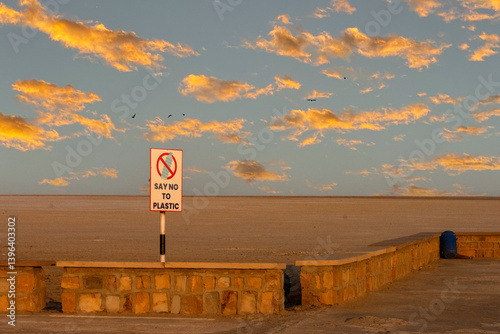 Obraz na płótnie No Plastic Sign Board at White Desert During Rann Utsav in Rann of Kutch - Fight Against Pollution w salonie