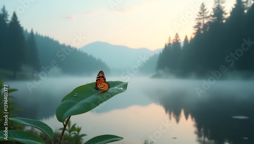 Obraz na płótnie Serene Butterfly on Leaf at Misty Lake Sunrise w salonie
