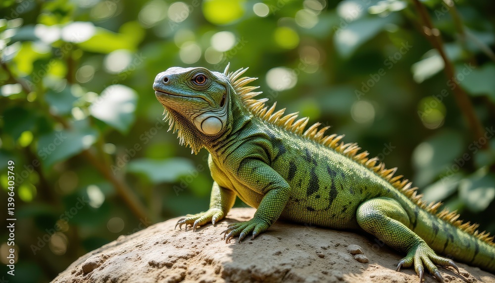 Lizard on rock, lush foliage Lizard on rock, lush foliage