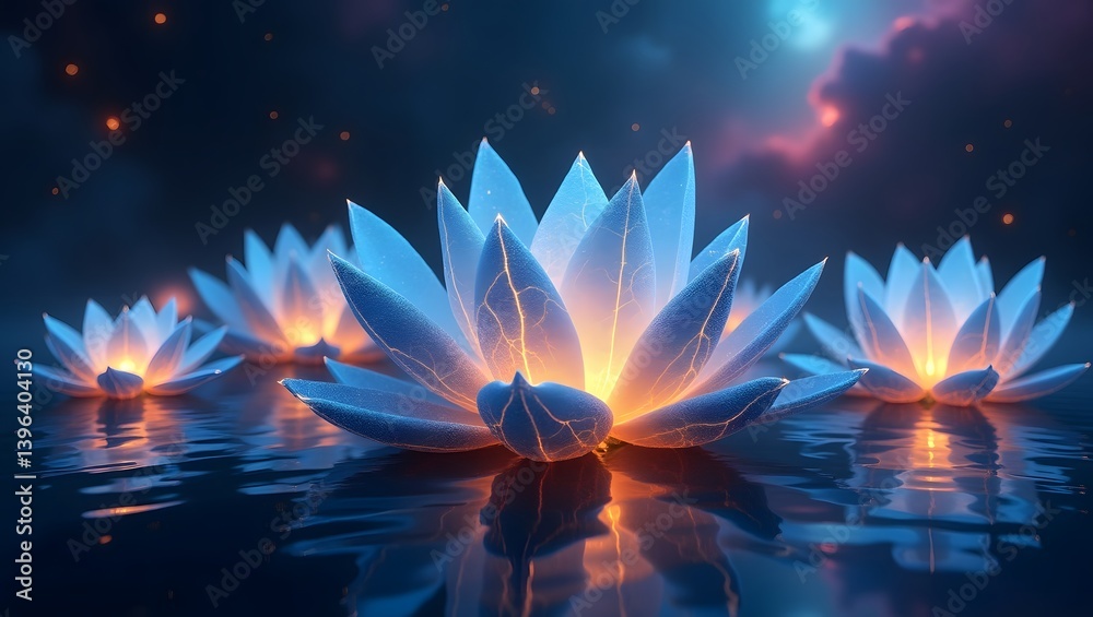 Glowing Lotus Flowers on Water at Night