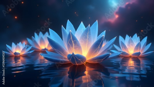 Obraz na płótnie Glowing Lotus Flowers on Water at Night w salonie